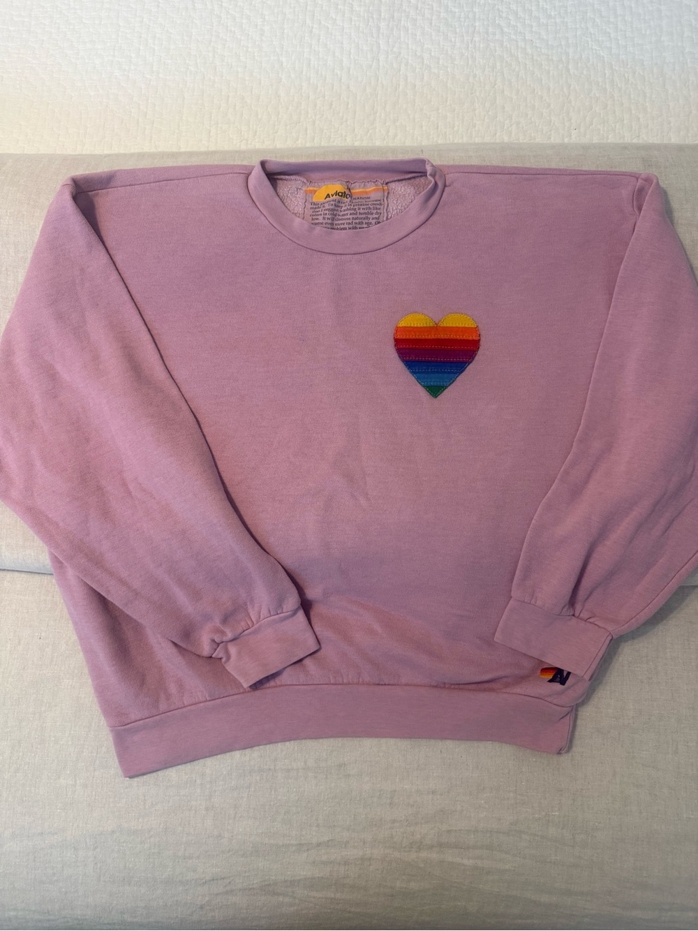 Aviator Nation Lavender Crewneck Sweater with Rainbow Heart